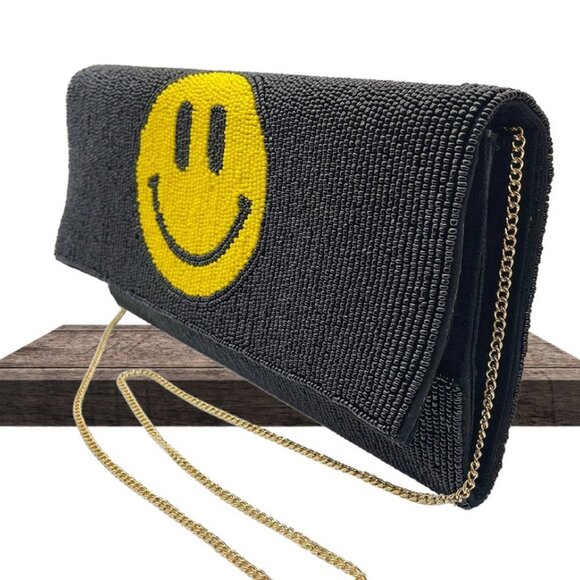 Emoji Smiley Face 2-Sided Seed Bead Crossbody Chain Clutch Boho Gift Handbag - Picture 5 of 5